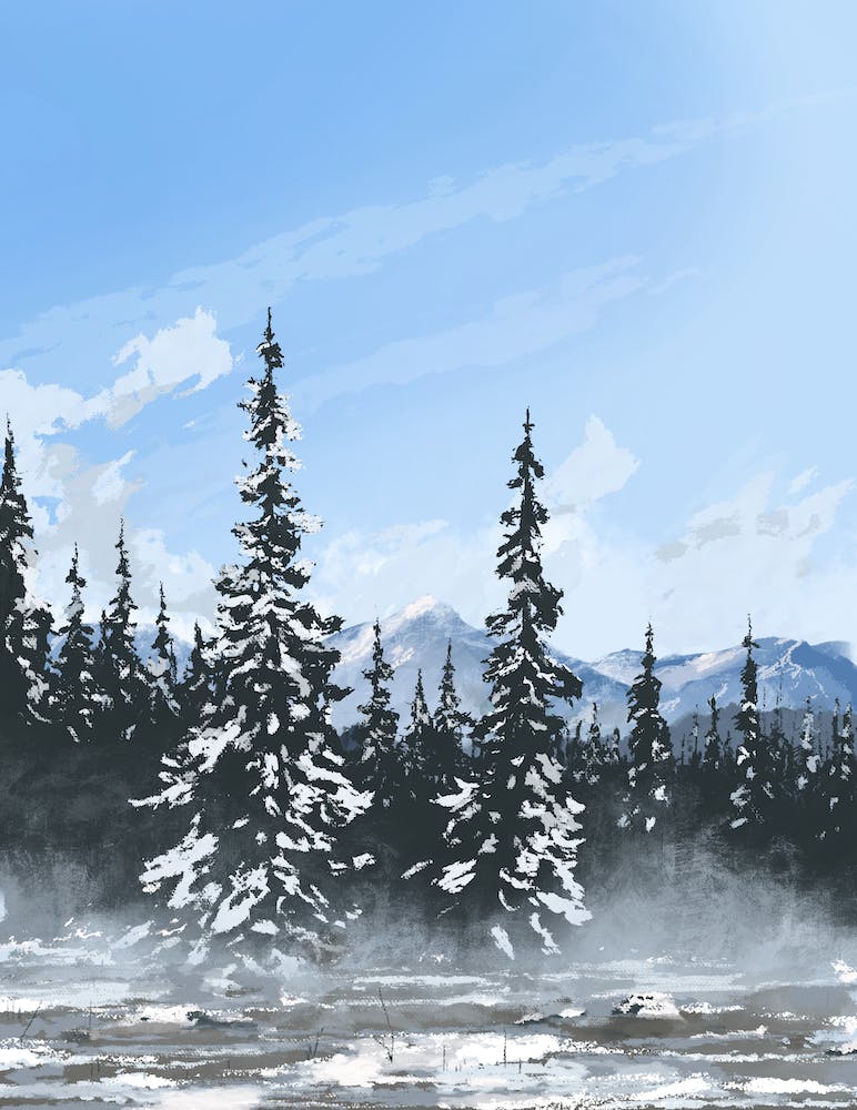 Snowy forest, mountains, trees, landscape, illustration, wall art 