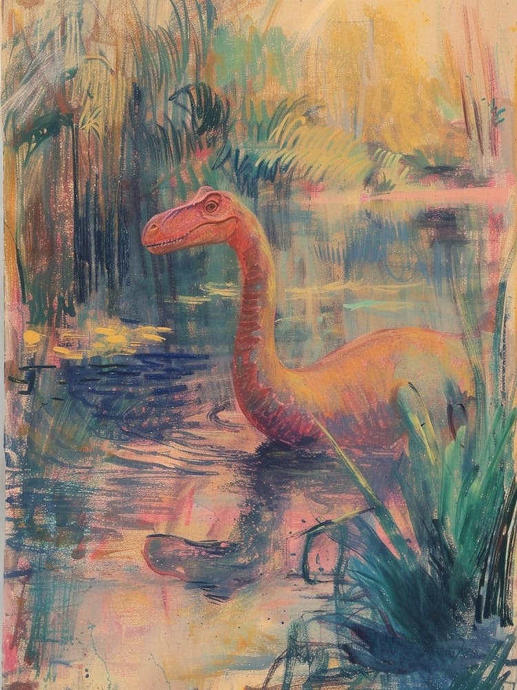 Dinosaur In The Water Vintage Illustration 1