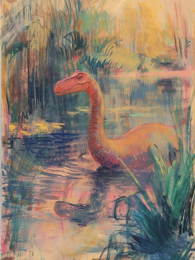 Dinosaur In The Water Vintage Illustration 1