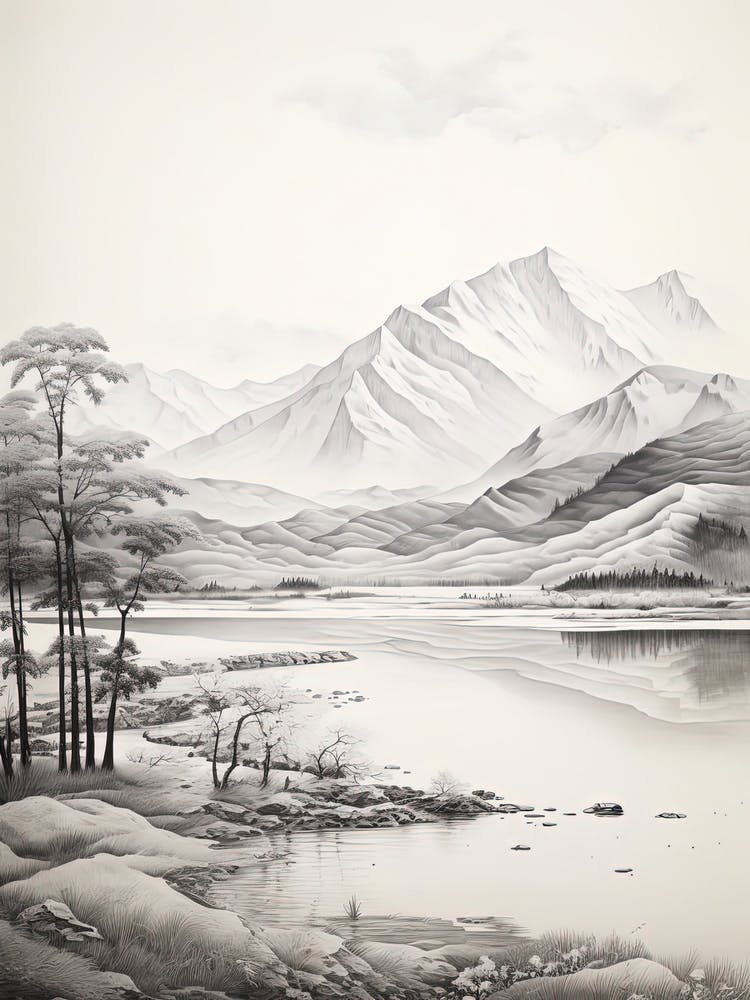 Kamikochi In Nagano In Nagano, Ukiyo E Black And White Line Art Drawing 2