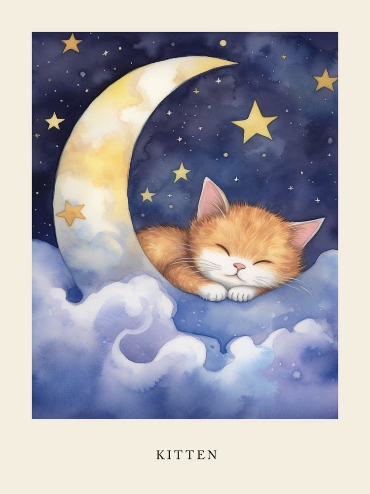 Baby Kitten 7 Sleeping In The Clouds Nursery Poster