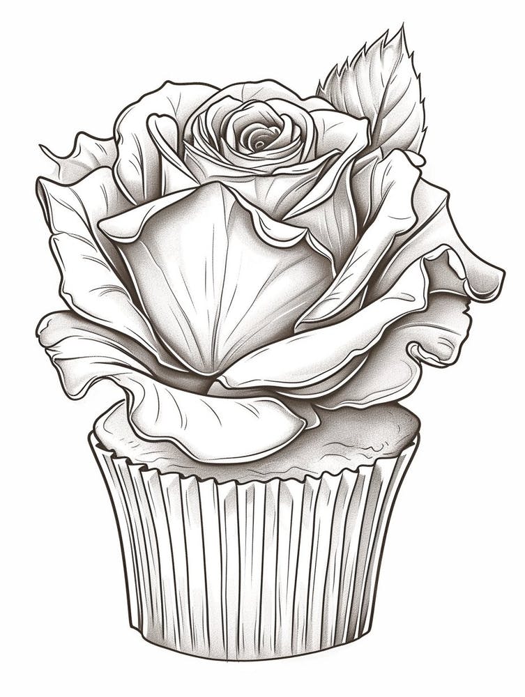 Rose In A Cupcake Line Drawing 4
