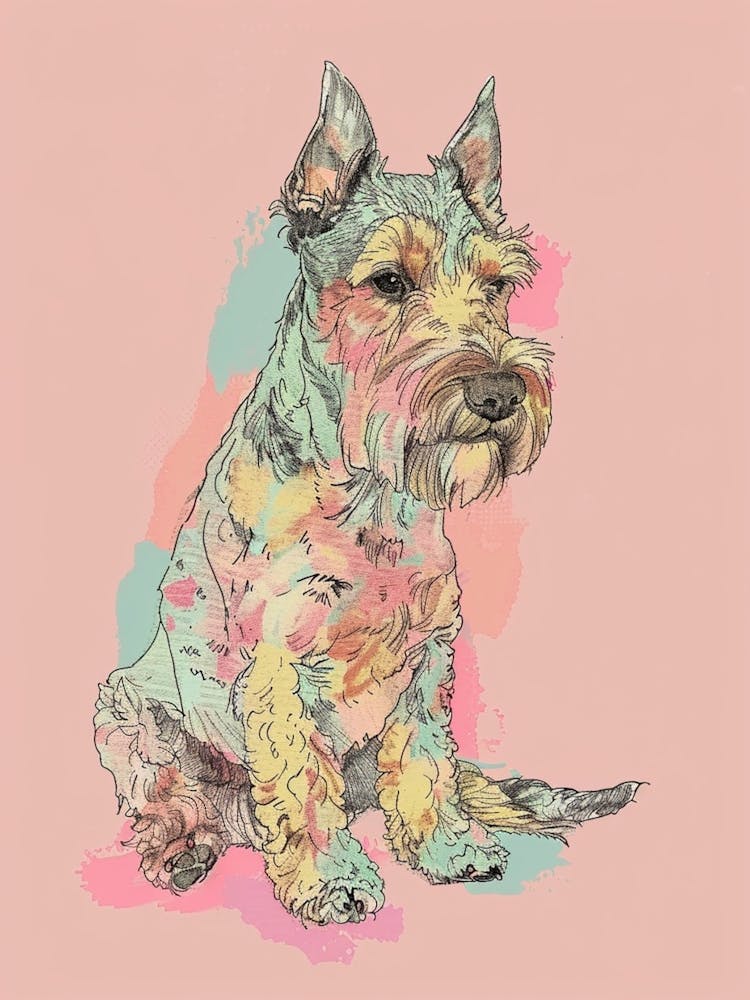 Welsh Terrier Dog Pastel Line Watercolour Illustration  2