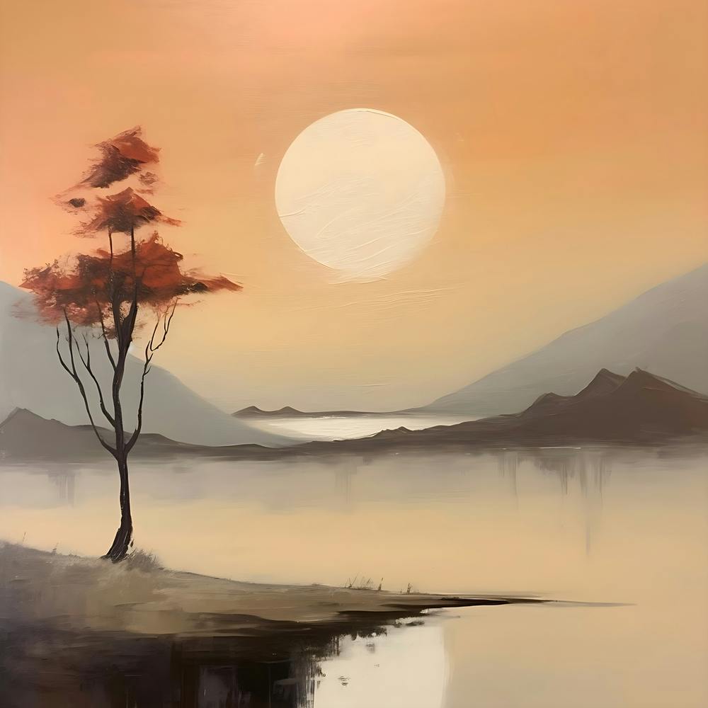 Coucher de soleil au bord du lac dans les tons terre, Peinture de paysage