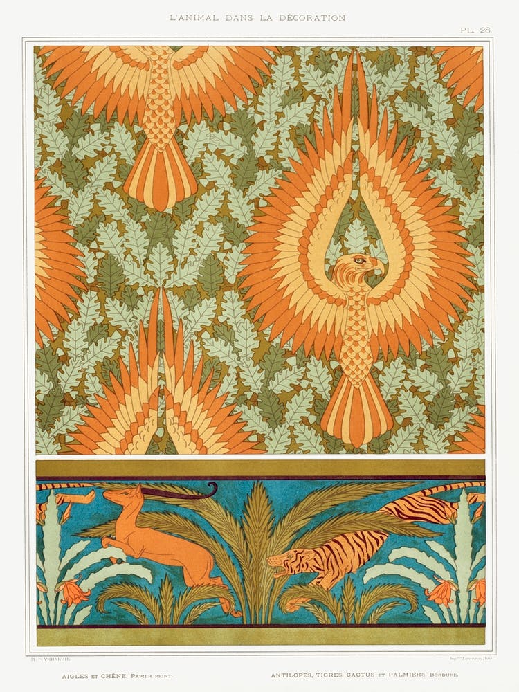 Eagles And Oak; Antelopes, Tigers, Cacti And Palm Trees From The Animal In The Decoration (1897), Maurice Pillard Verneuil