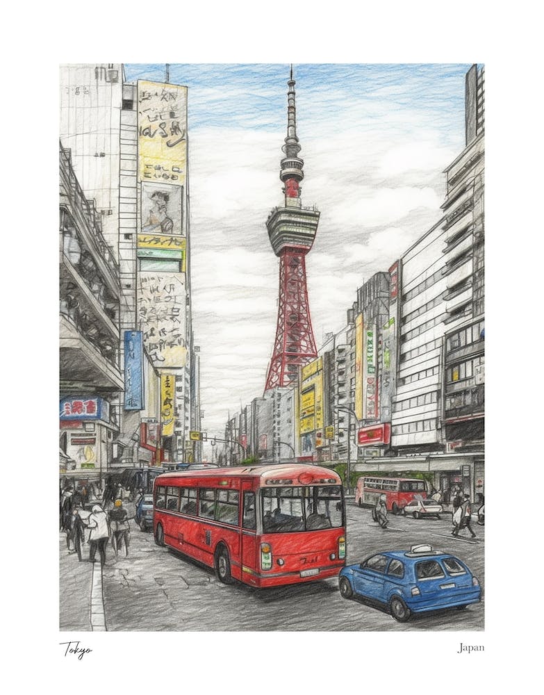 Tokyo Japan Drawing Pencil Style 1 Travel Poster