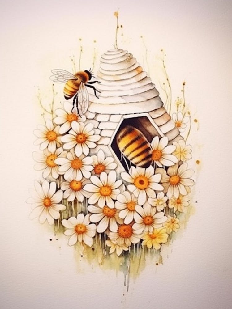Beehive With Daisies Watercolour Illustration 3