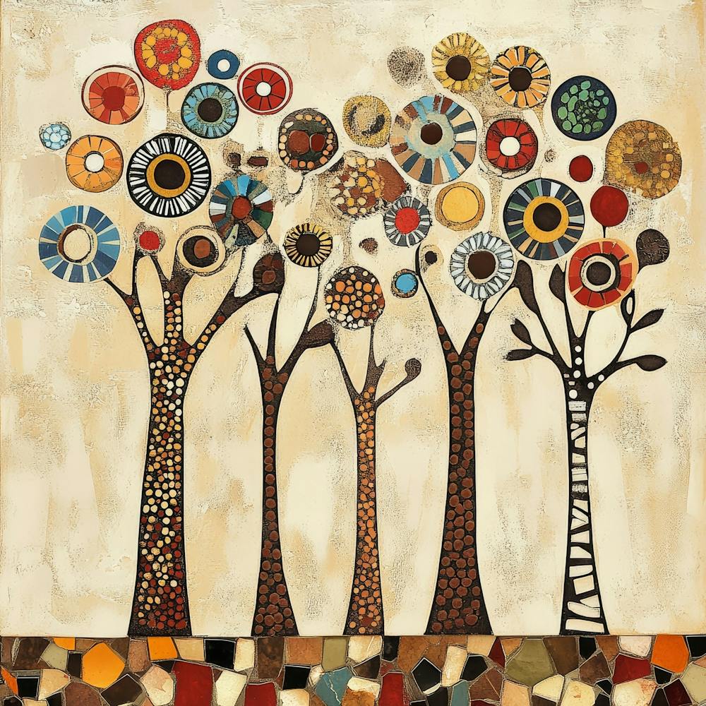Folk Art Style Mosaic Trees 13