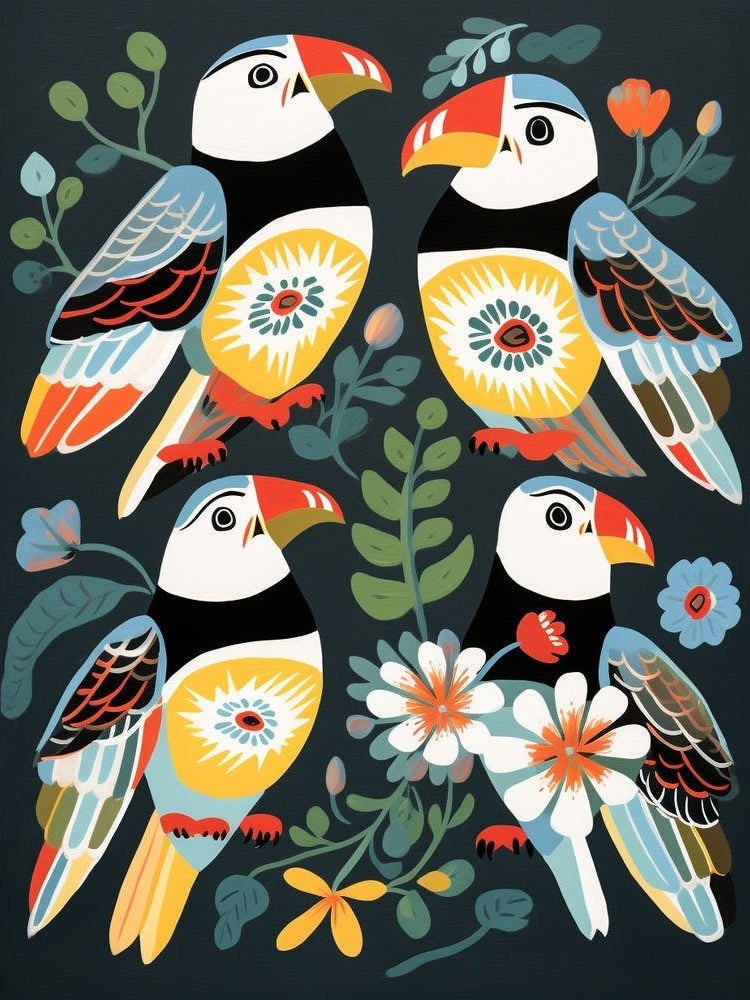 Folk Style Bird Painting Puffin 3