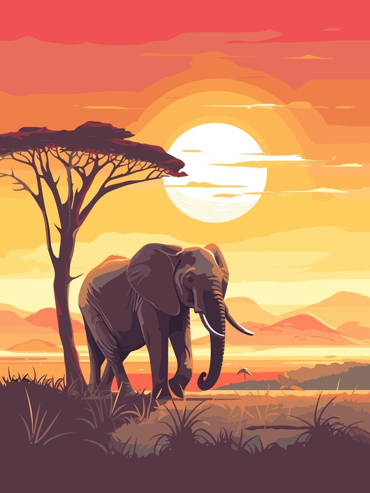 African Elephant At Sunset