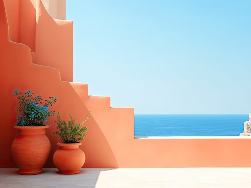 Mediterranean Terracotta Wall With A Sea View Summer Photography