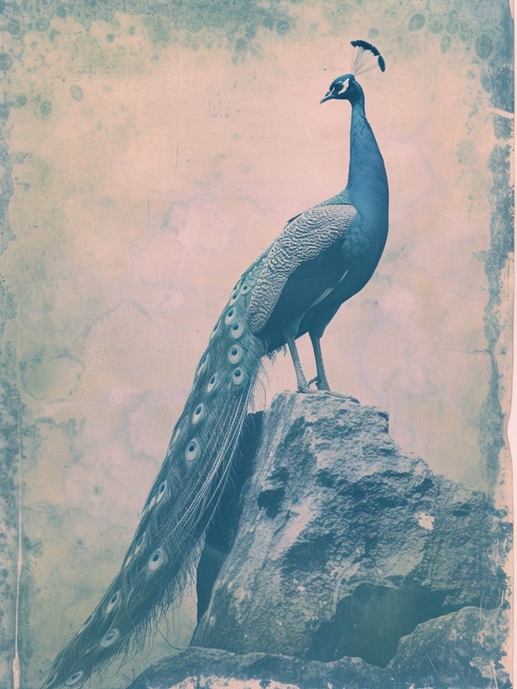 Vintage Turquoise Peacock On A Rock Photography Style 2