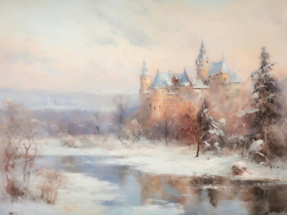 Snowy Antique Castle Painting Vintage European Landscape Print Muted Winter Landscape Art Decor Neutral Rustic Christmas Landscape Print