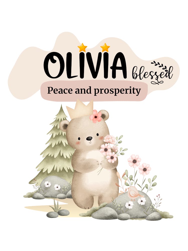 Olivia Nursery Wall Art - Personalized Baby Name Poster with Peace and Prosperity Theme - Cute Woodland Bear and Floral Decor for Baby Room