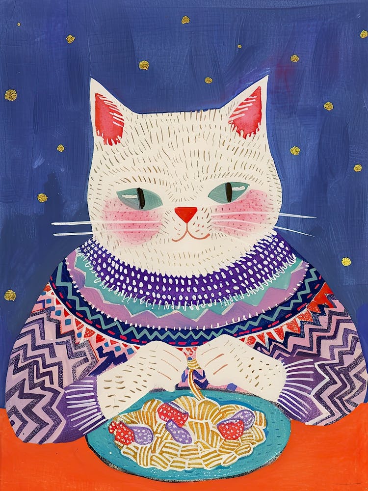 Cosy Cat Pasta Lover Folk Illustration 4