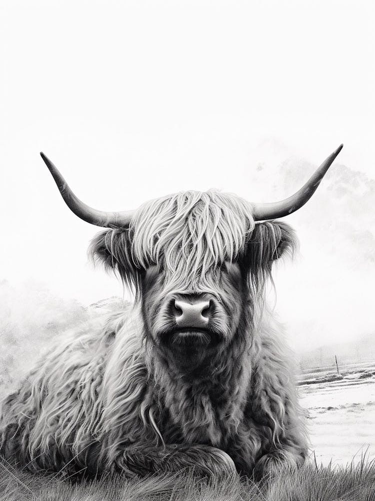 Highland Cow Sat In The Grass Black & White Stippling