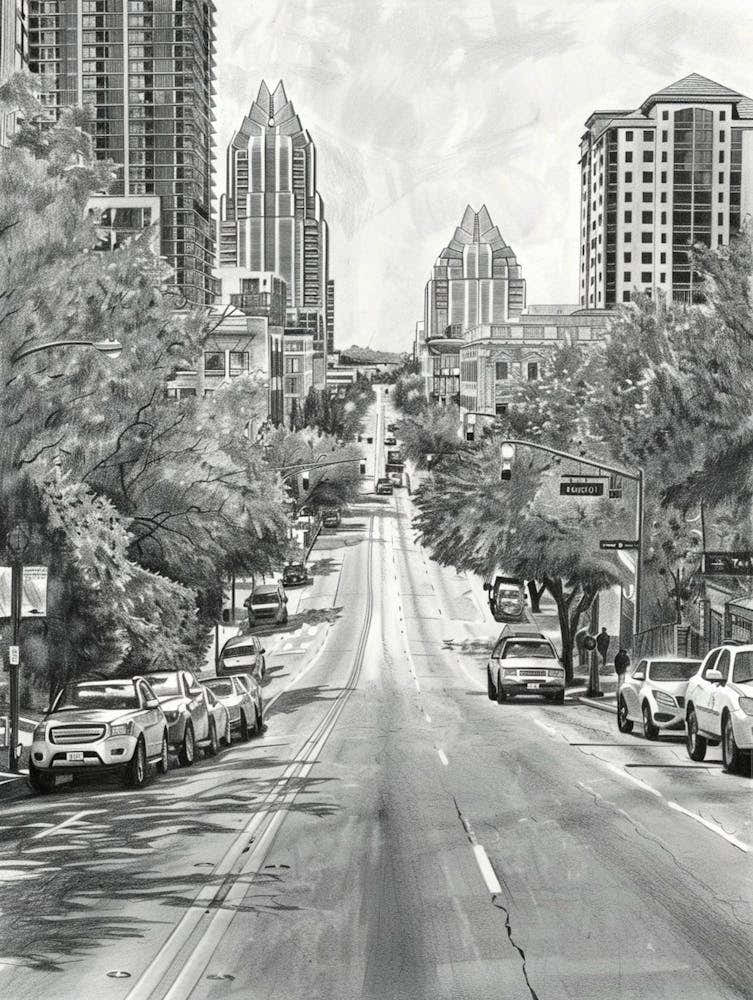 South Congress Avenue Austin Texas Black And White Drawing 4