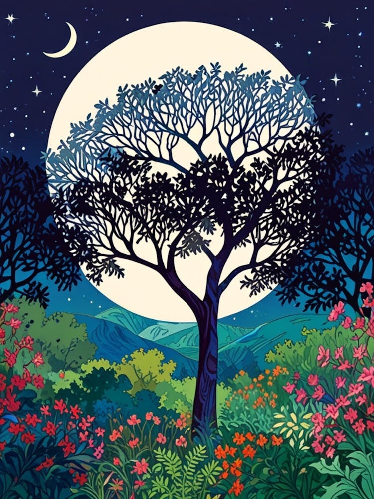 Night Sky With Tree And Flowers