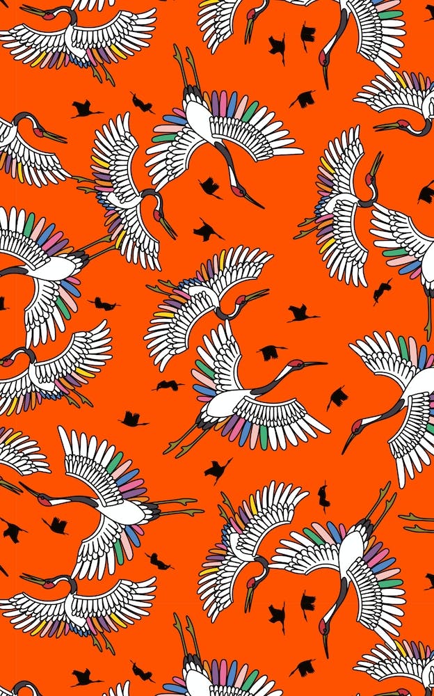 Colourful Rainbow Cranes Birds With Red Background
