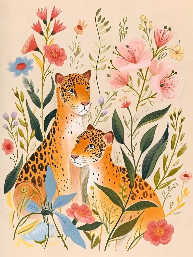 Folksy Floral Animal Drawing Jaguar 6