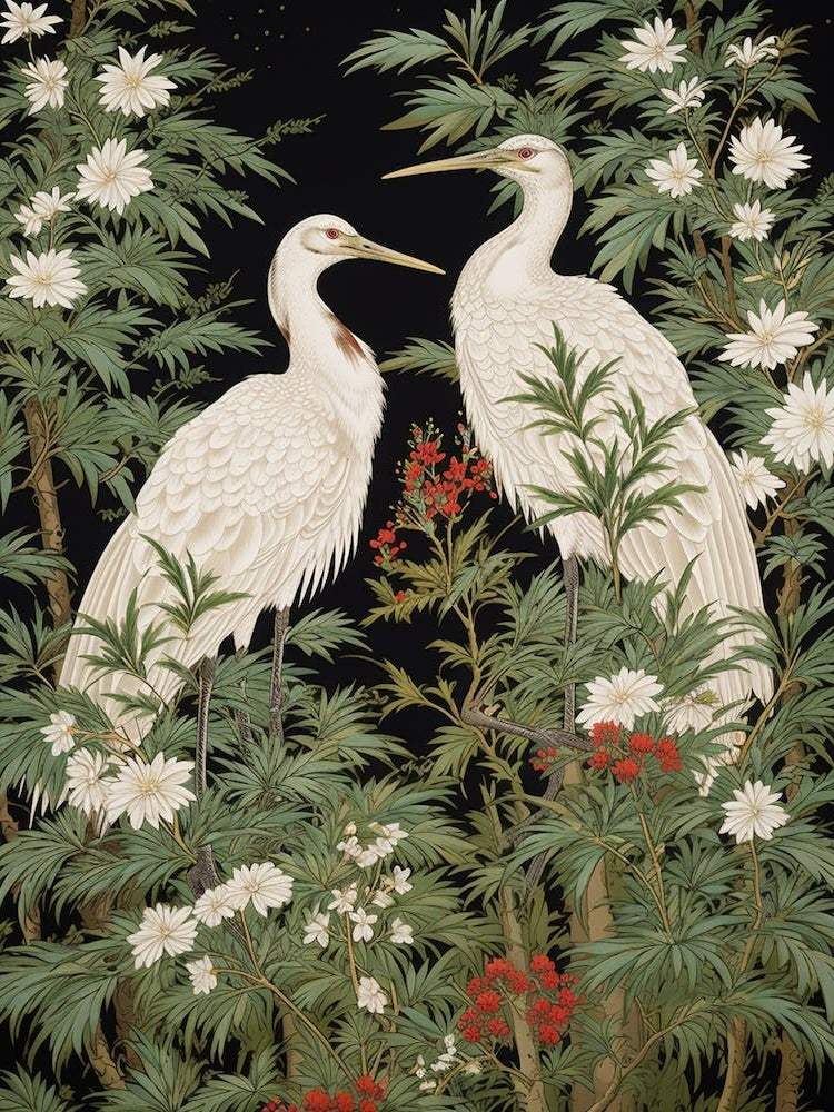 Green And White Cranes Vintage Japanese Botanical