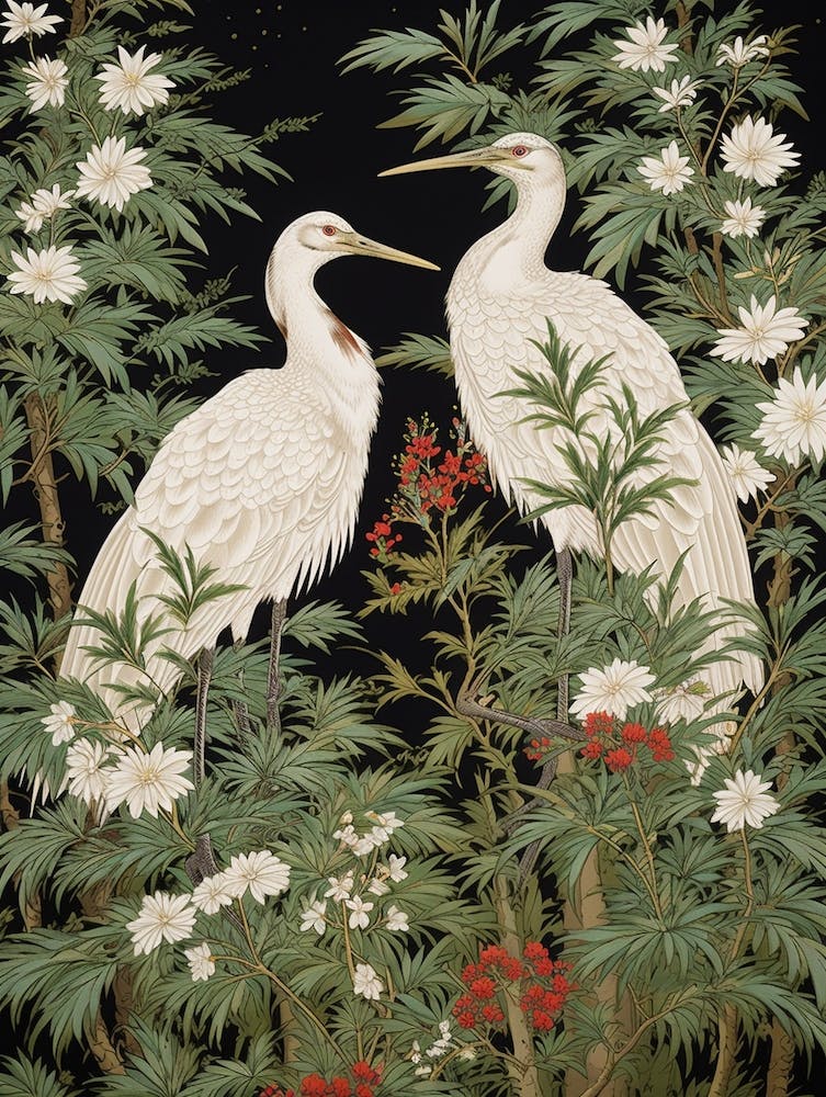Green And White Cranes Vintage Japanese Botanical