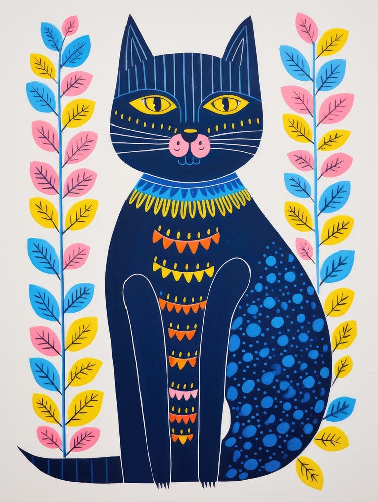 A Blue Cat in style of Gond Painting