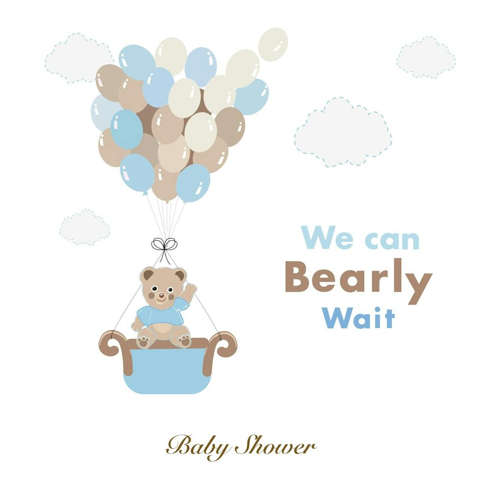 We Can Bearly Wait Text With Teddy Bear And A Lot Of Balloons