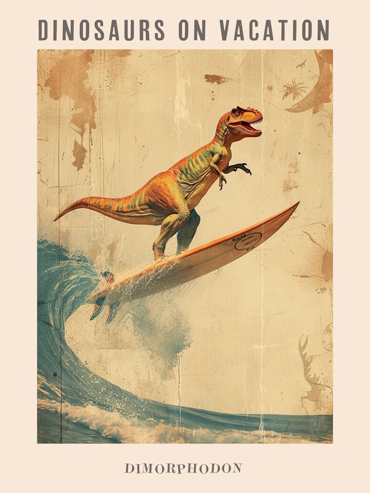 Vintage Dimorphodon Dinosaur On A Surf Board 3 Poster