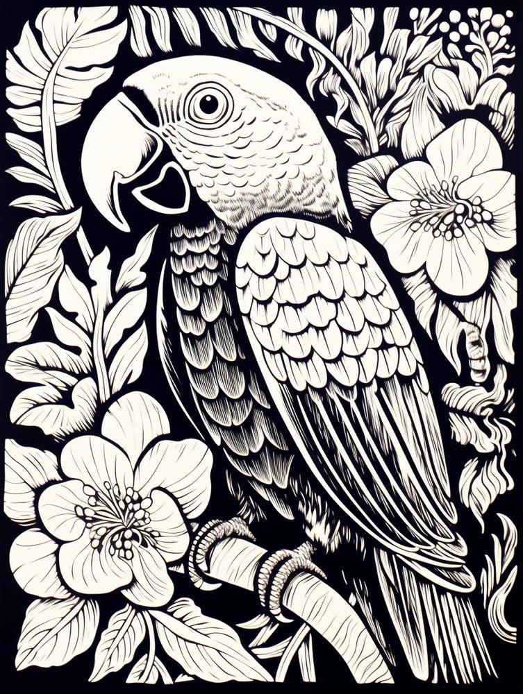 B&W Bird Linocut Macaw 2