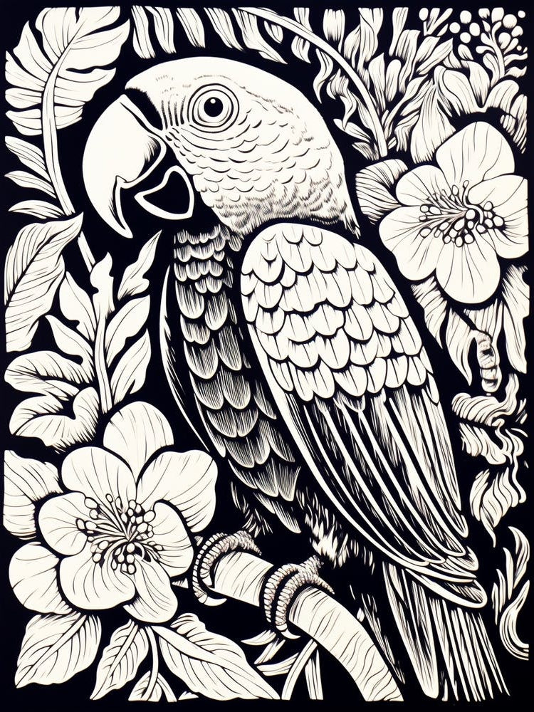 B&W Bird Linocut Macaw 2