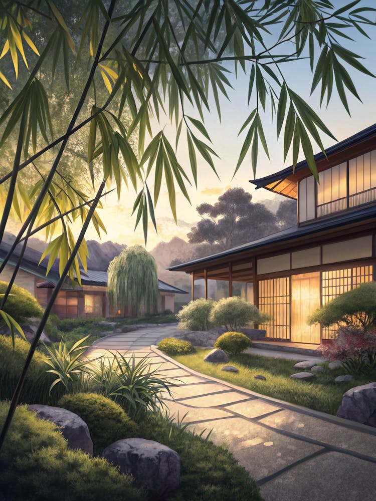 Oil Painting Style Bamboo Leaf Shadows In Modern Japanes