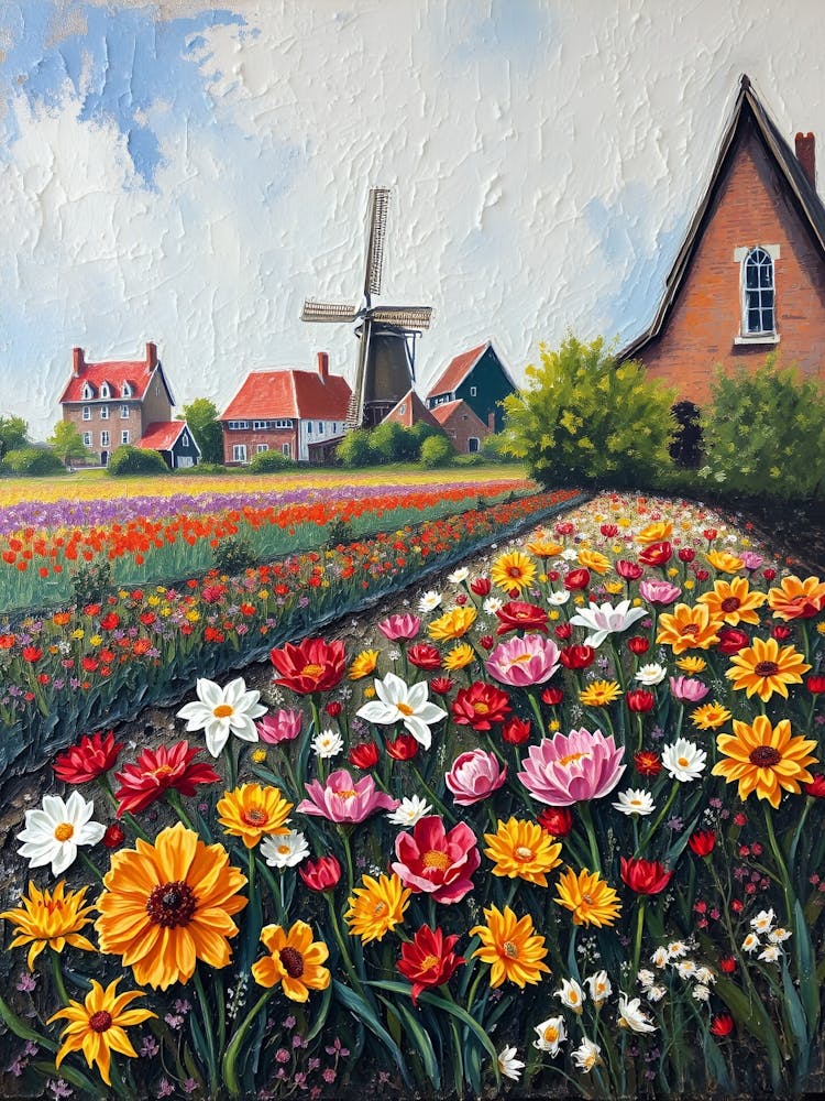 Flower Field With Windmill