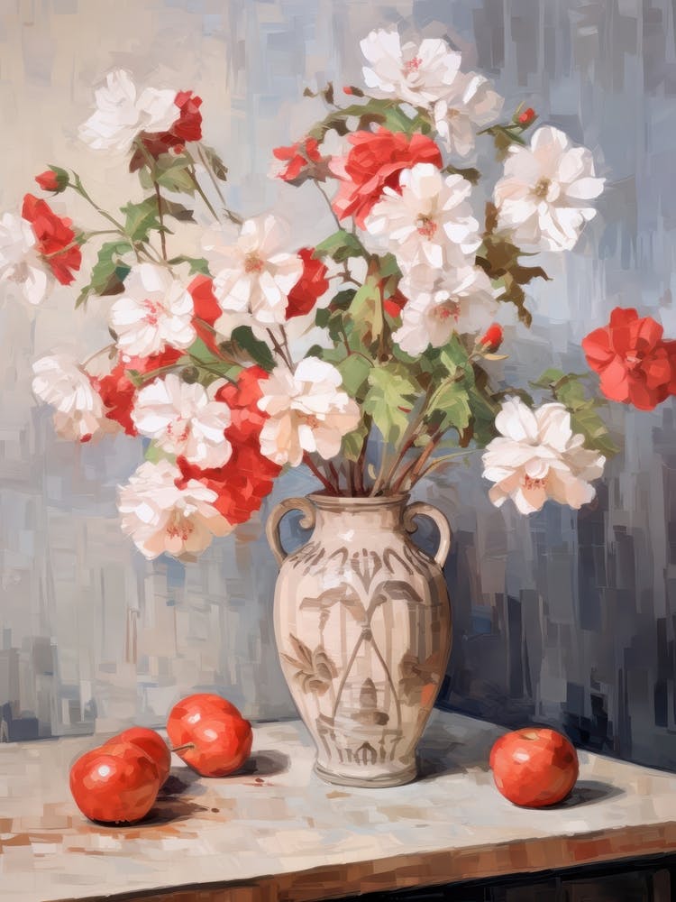 Geranium Flower And Peaches Still Life Painting 1 Dreamy