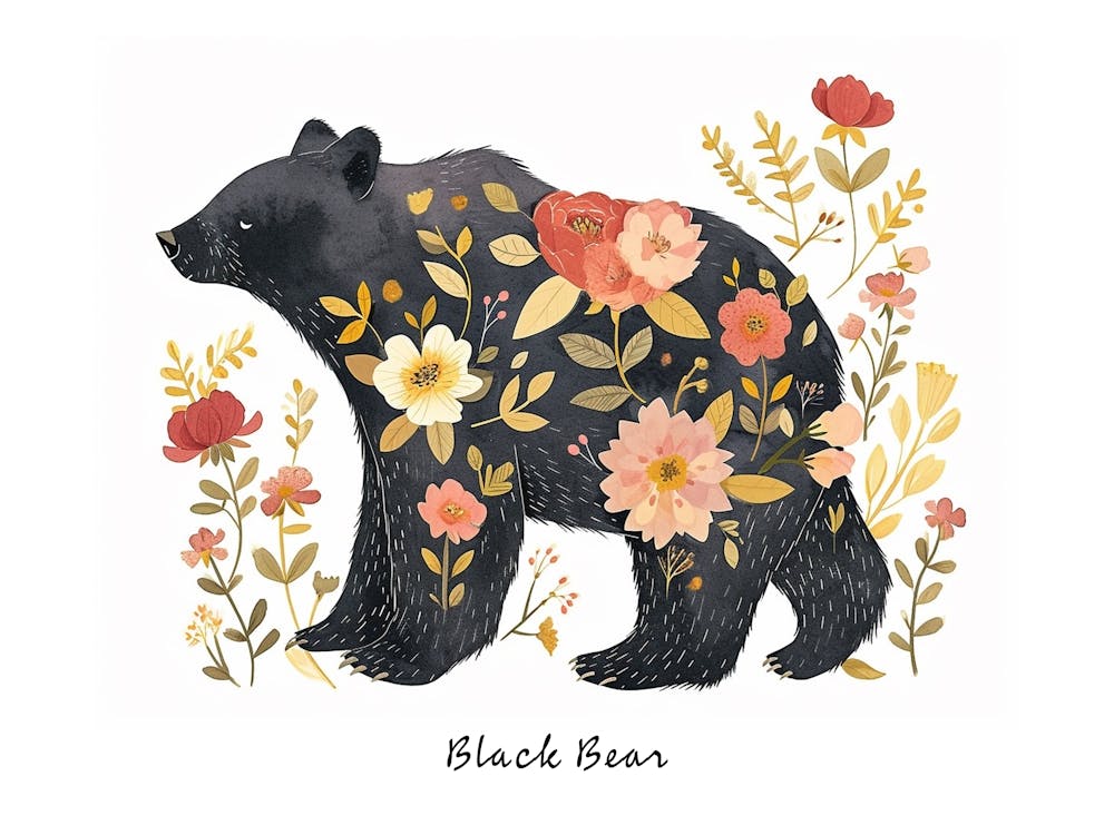 Petit Ours Noir Floral 3 Affiche