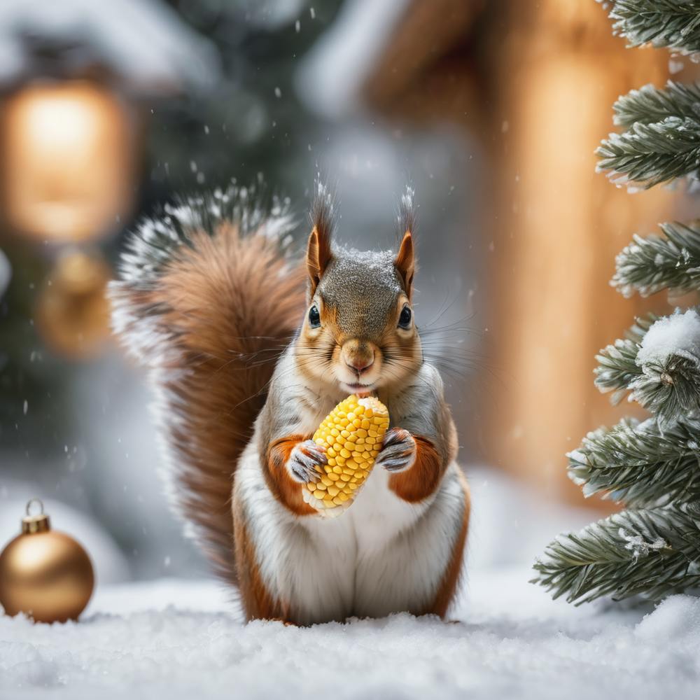 Eichhörnchen isst Mais im Schnee