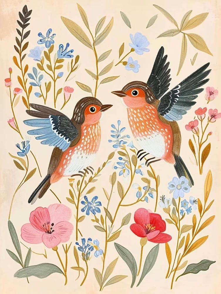 Folksy Floral Animal Drawing Bird 3