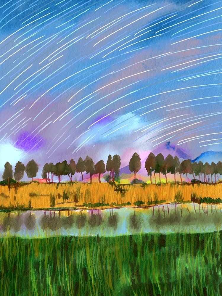 Rural scene with star trails landscape watercolor painting