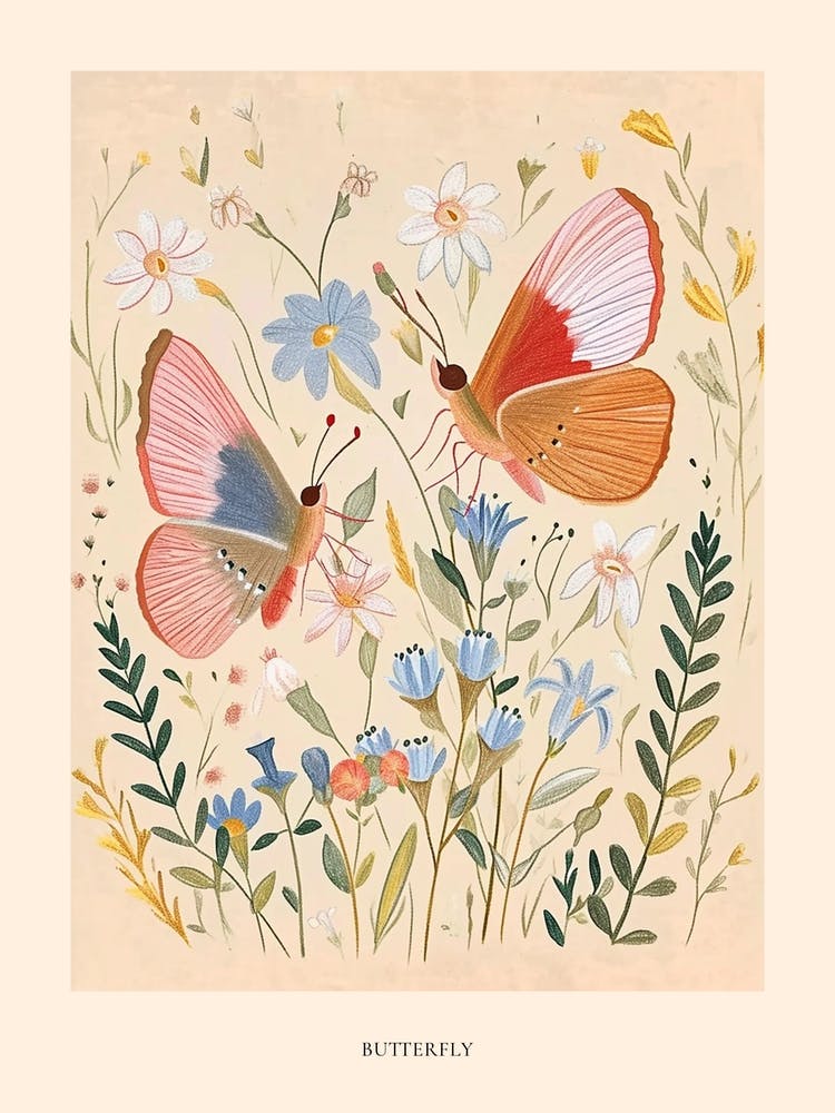 Folksy Floral Animal Drawing Butterfly Poster