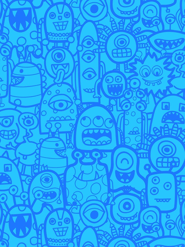 Cute Clusters of Monsters and Aliens Blue Monochrome Kids