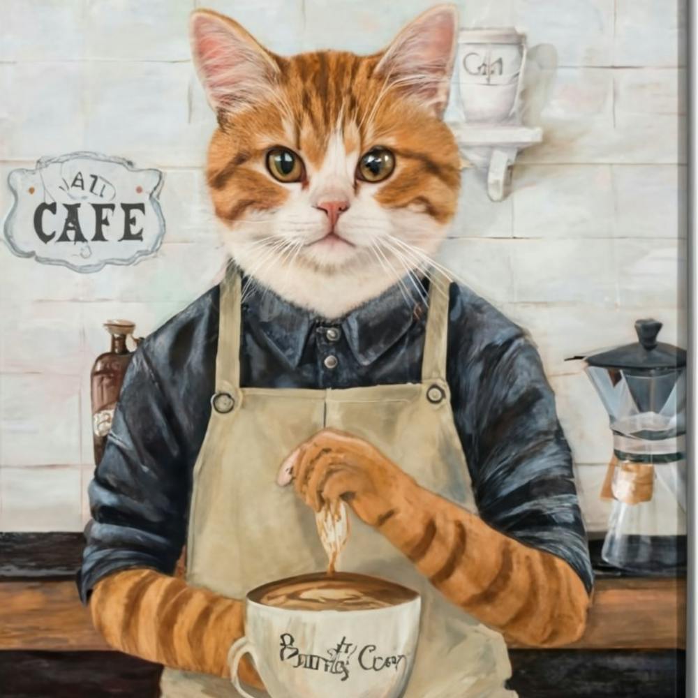 Cat Café Barista Crew Print Art - Picture Cats In Aprons Crafting Coffee, Creating A Charming And Cozy Atmosphere In Your Space