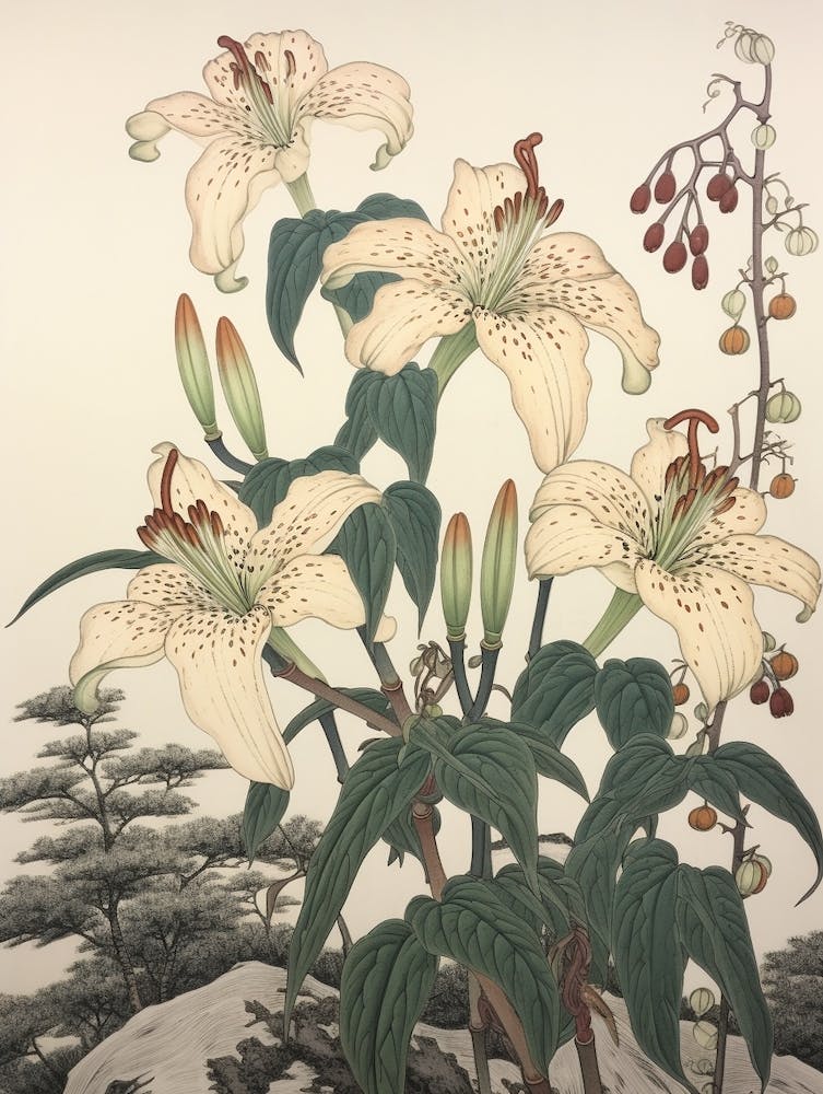 Himeyuri Okinawan Lily 3 Vintage Japanese Botanical