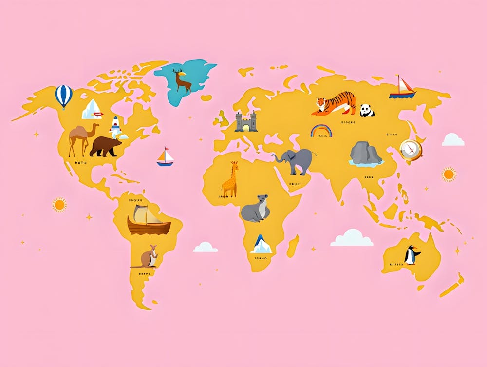 Pink and Orange Educational World Map for Kids - Animals and Landmarks