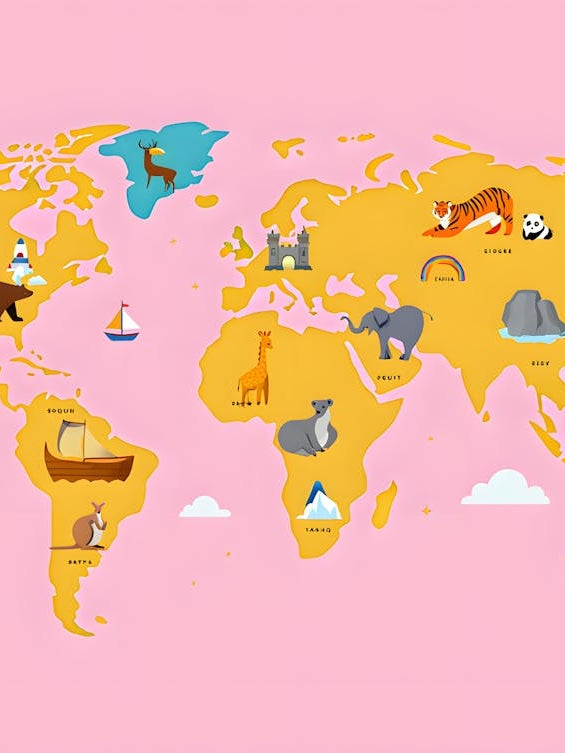 Pink and Orange Educational World Map for Kids - Animals and Landmarks