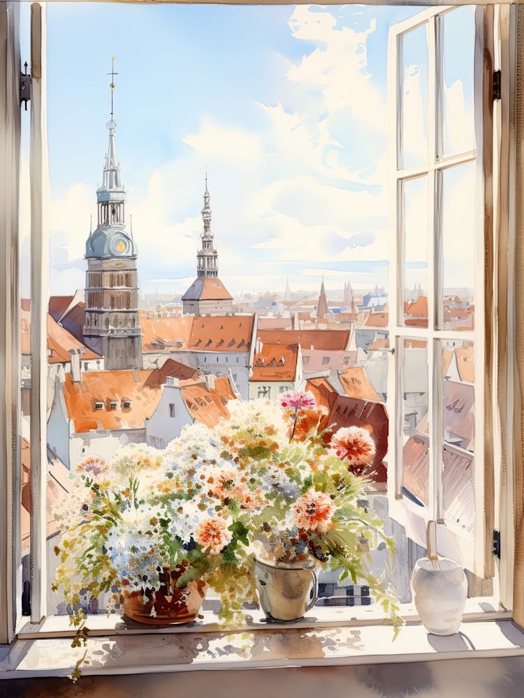 Window View Of Bratislava Slovakia In Autumn Fall, Watercolour 2