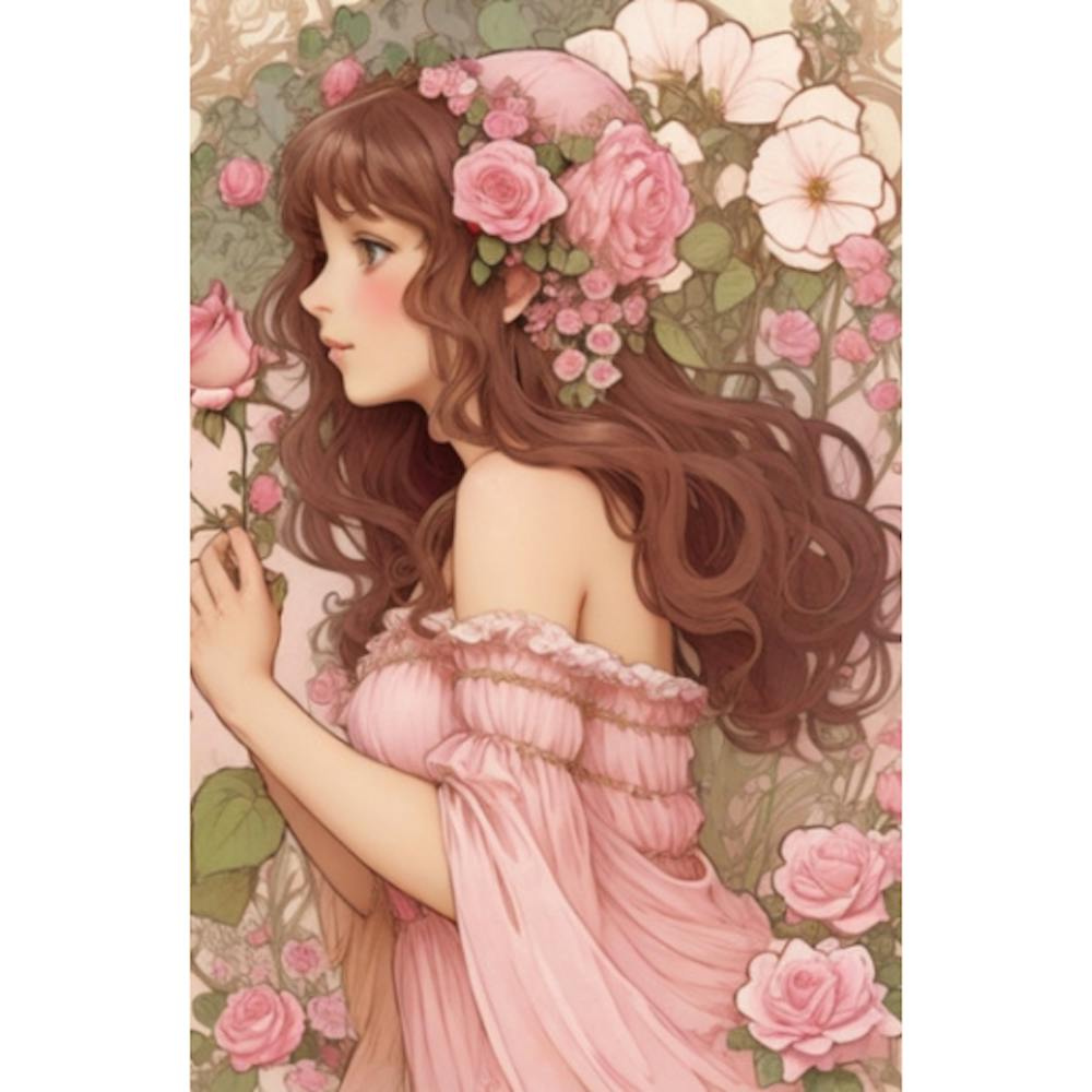 Pink rose fairy Mucha style