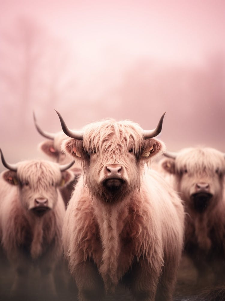Blush Pink Highland Cows In The Rain 1