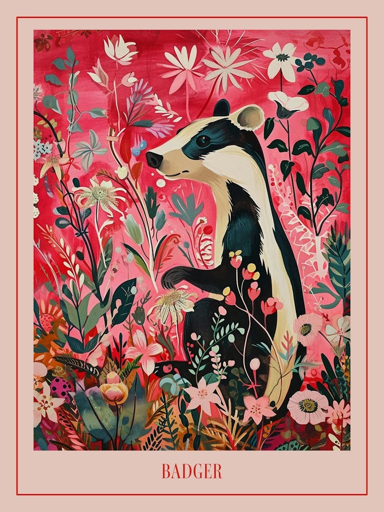 Floral Animal Painting Badger 3 Poster