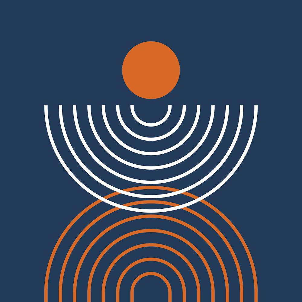 Midcentury Modern Rainbow Arch Sun Abstract A1 In Navy Blue And Burnt Orange 02