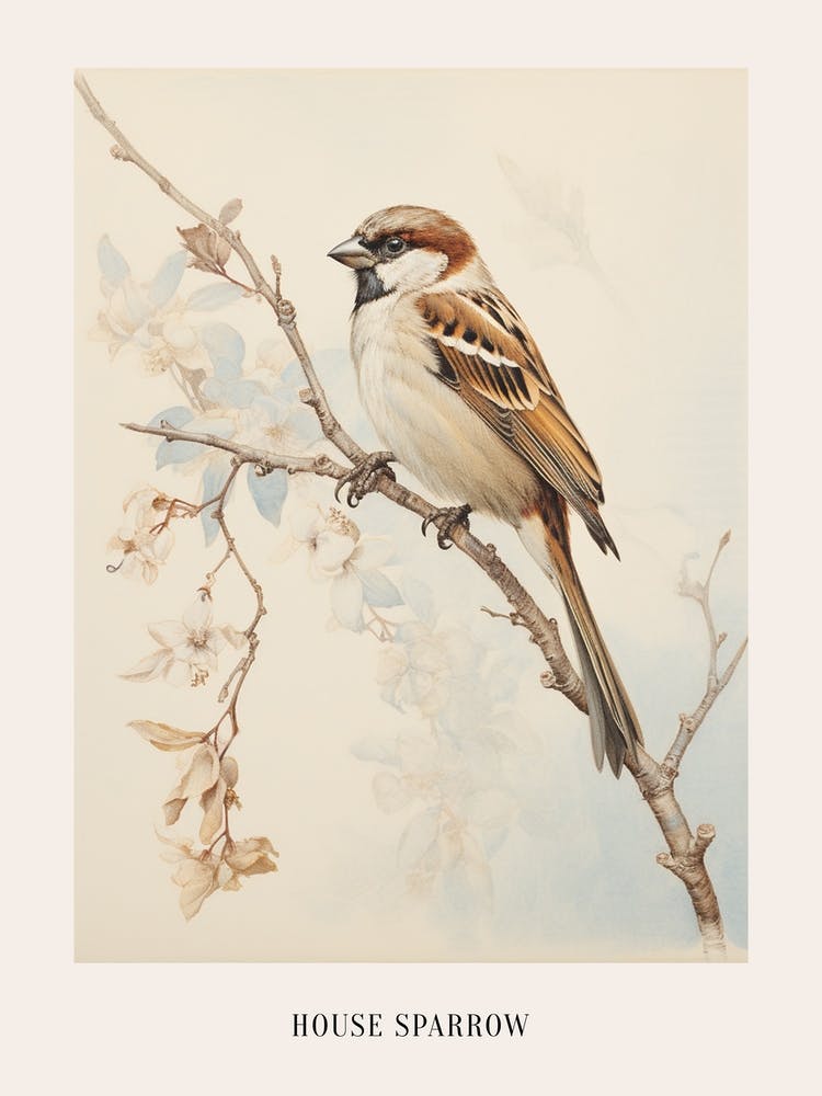 Vintage Bird Drawing House Sparrow 2 Poster